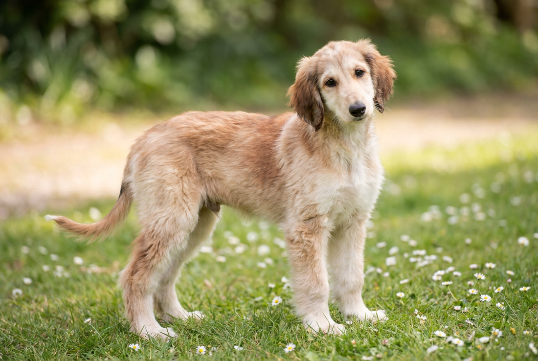 Eight-week-old Afghan Hound puppy with soft cream-and-red puppy coat