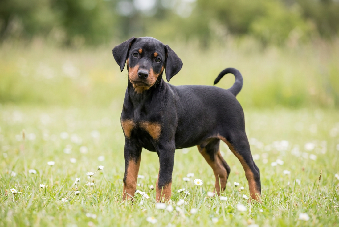 Eight-week-old German Pinscher puppy with smooth black-and-rust puppy coat