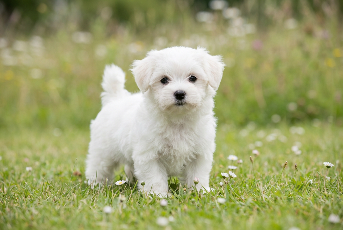 Eight-week-old Maltese puppy with soft white puppy coat