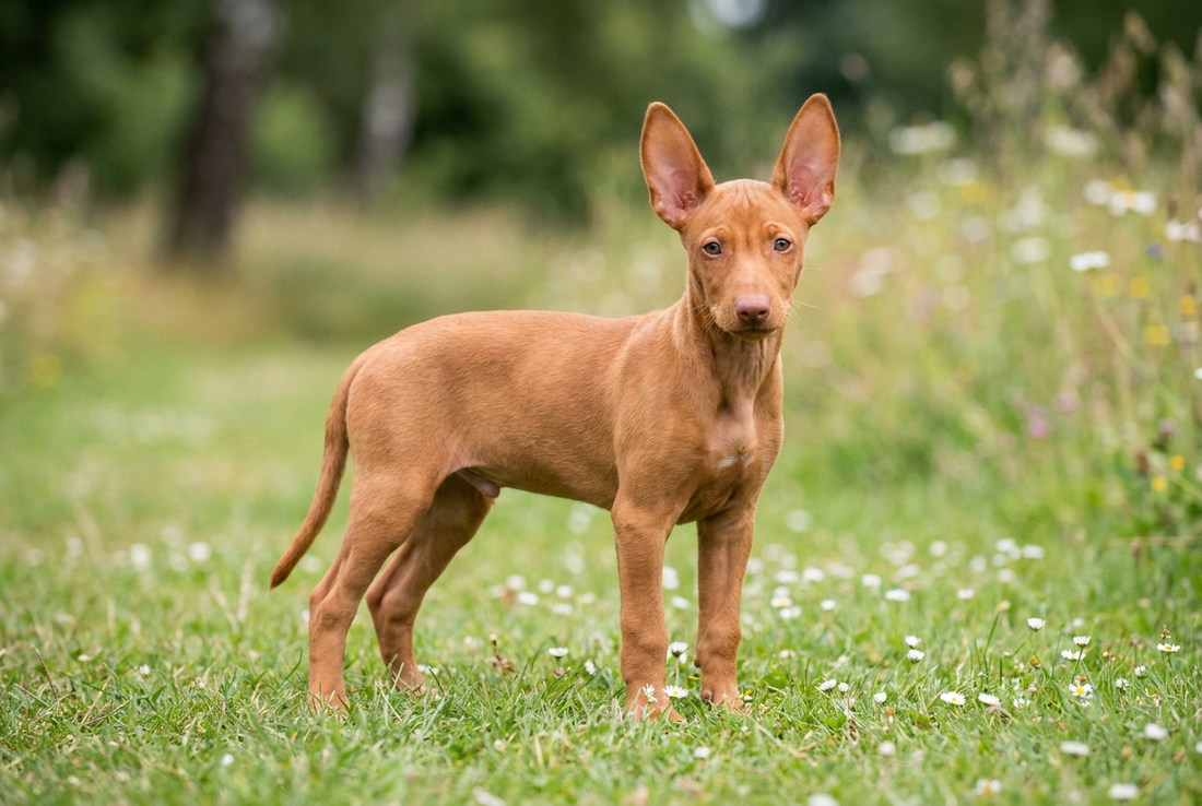 Eight-week-old Pharaoh Hound puppy with smooth rich tan puppy coat with oversized erect ears