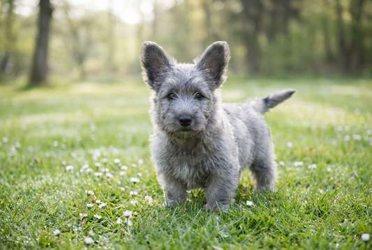 Eight-week-old Skye Terrier puppy with soft silver-blue puppy coat