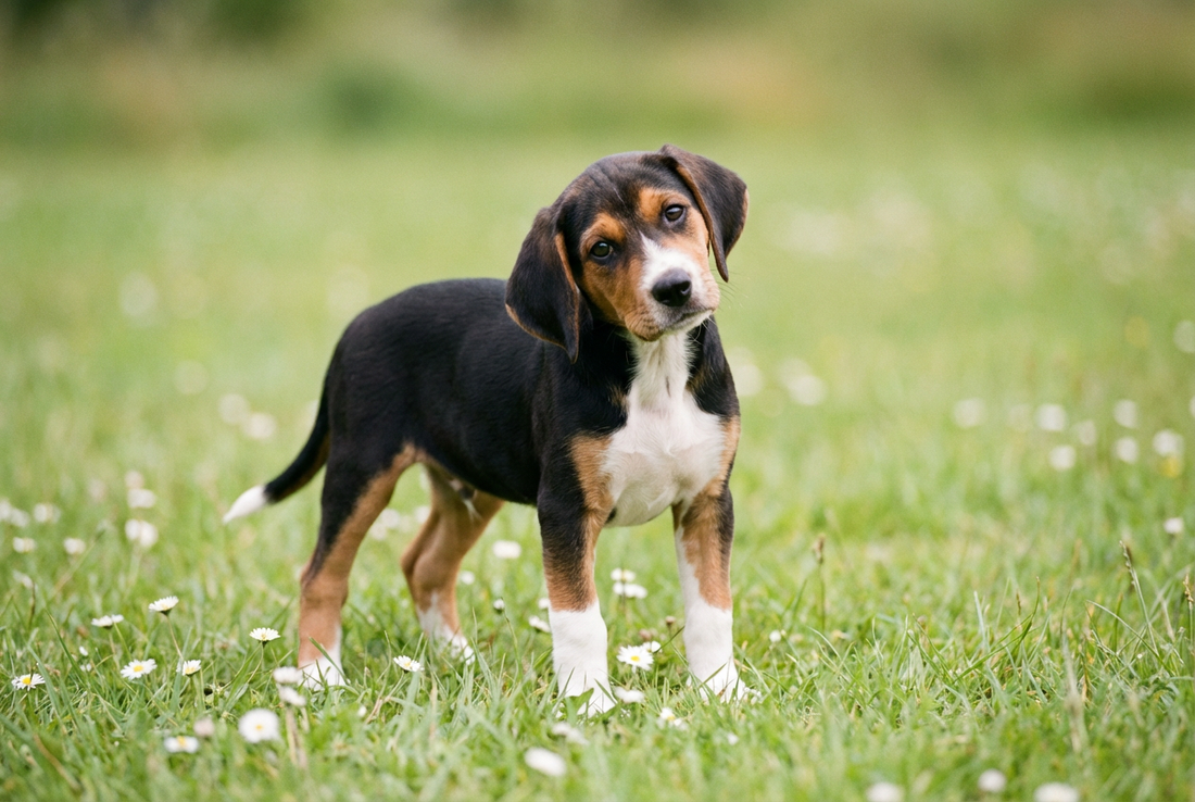 Eight-week-old American Foxhound puppy with smooth tricolor puppy coat