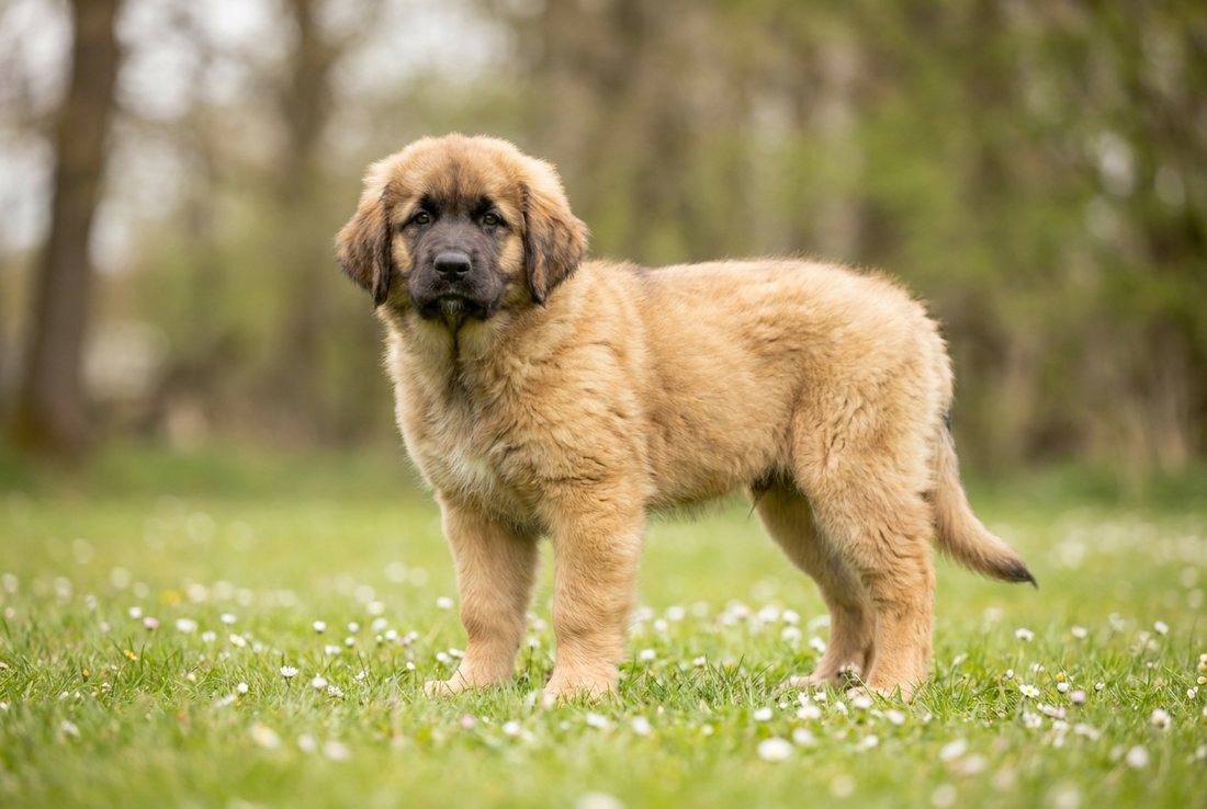 Eight-week-old Leonberger puppy with fluffy golden puppy coat