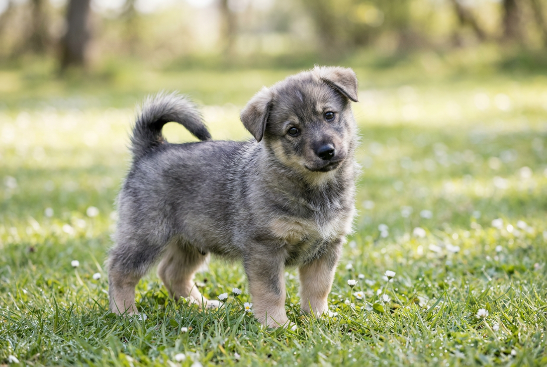 Eight-week-old Swedish Vallhund puppy with fluffy gray-and-tan puppy coat