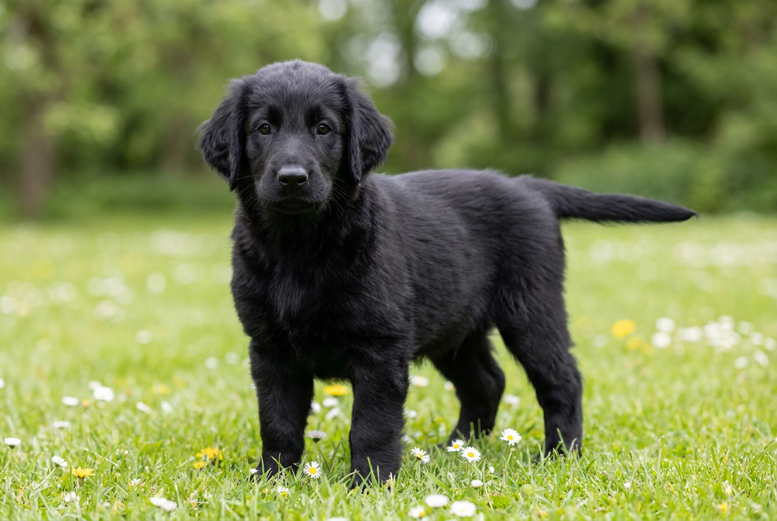Eight-week-old Flat-Coated Retriever puppy with soft black puppy coat