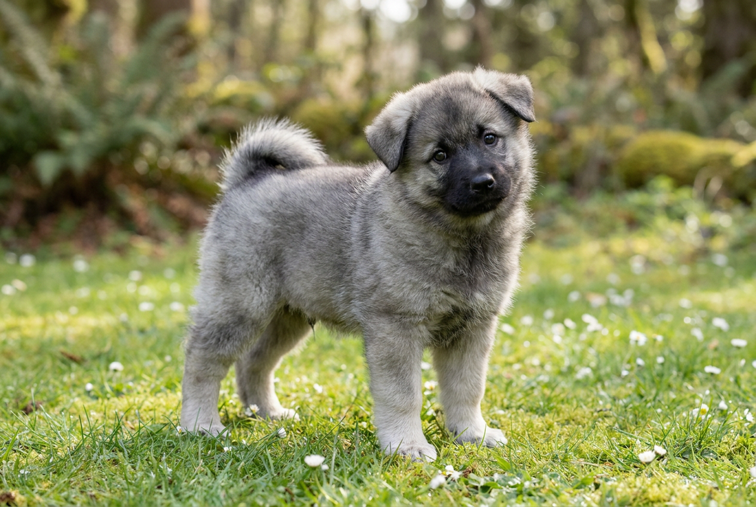 Eight-week-old Norwegian Elkhound puppy with fluffy gray puppy double coat