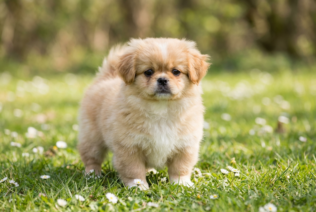Eight-week-old Pekingese puppy with fluffy gold-and-white puppy coat
