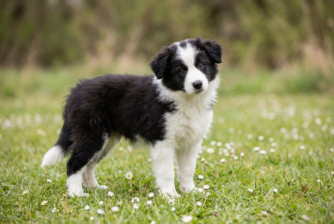 Eight-week-old Border Collie puppy with soft fluffy black-and-white puppy coat