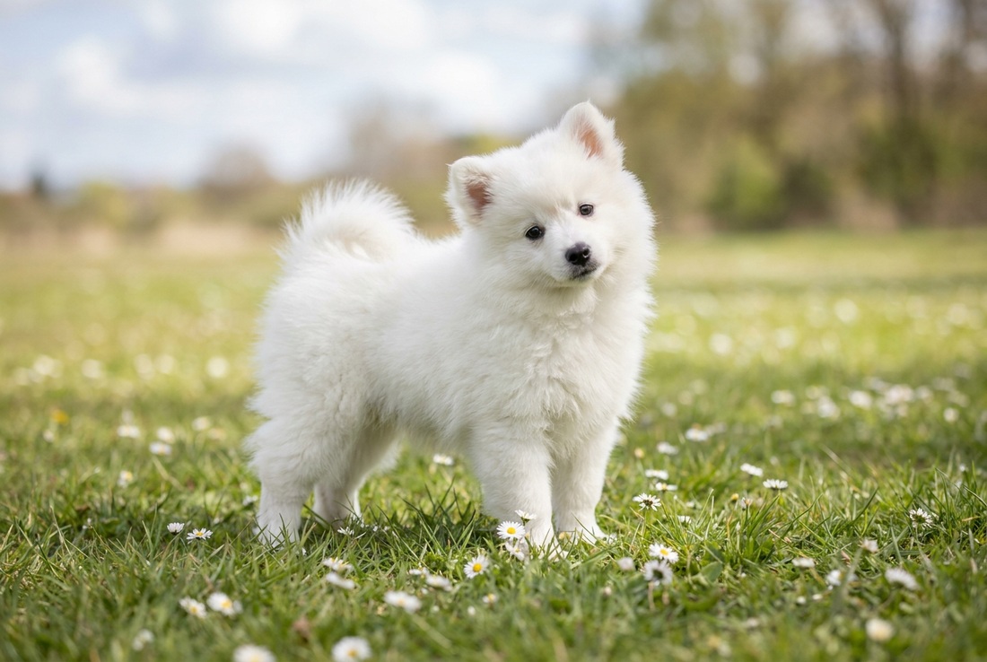 Eight-week-old American Eskimo Dog puppy with fluffy white puppy double coat