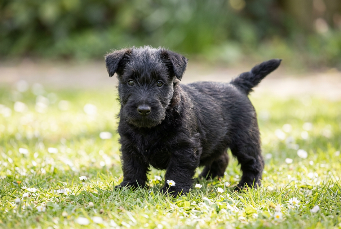 Eight-week-old Scottish Terrier puppy with soft black puppy coat
