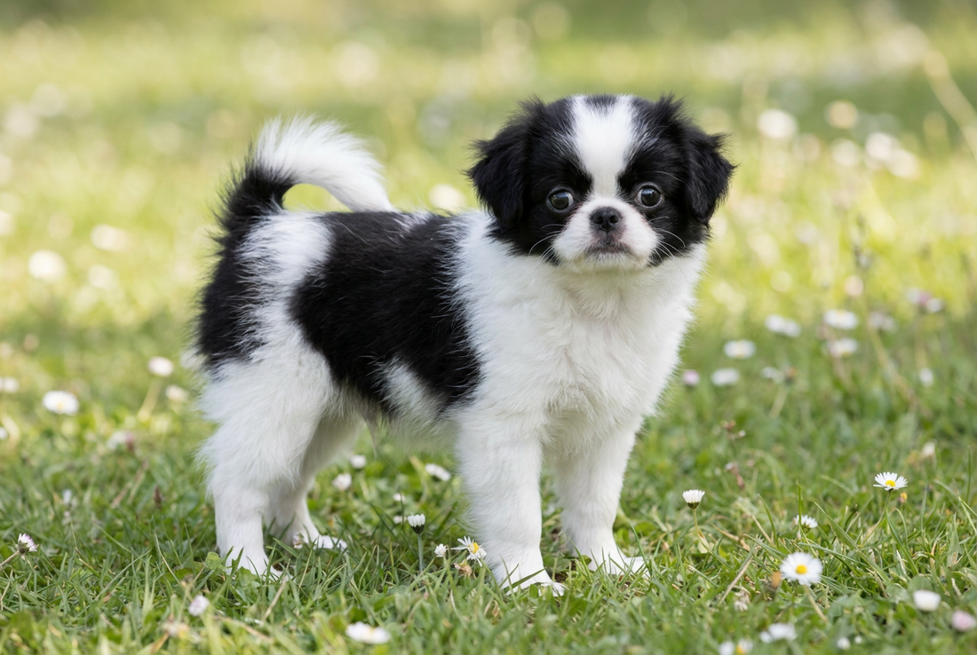 Eight-week-old Japanese Chin puppy with soft black-and-white puppy coat