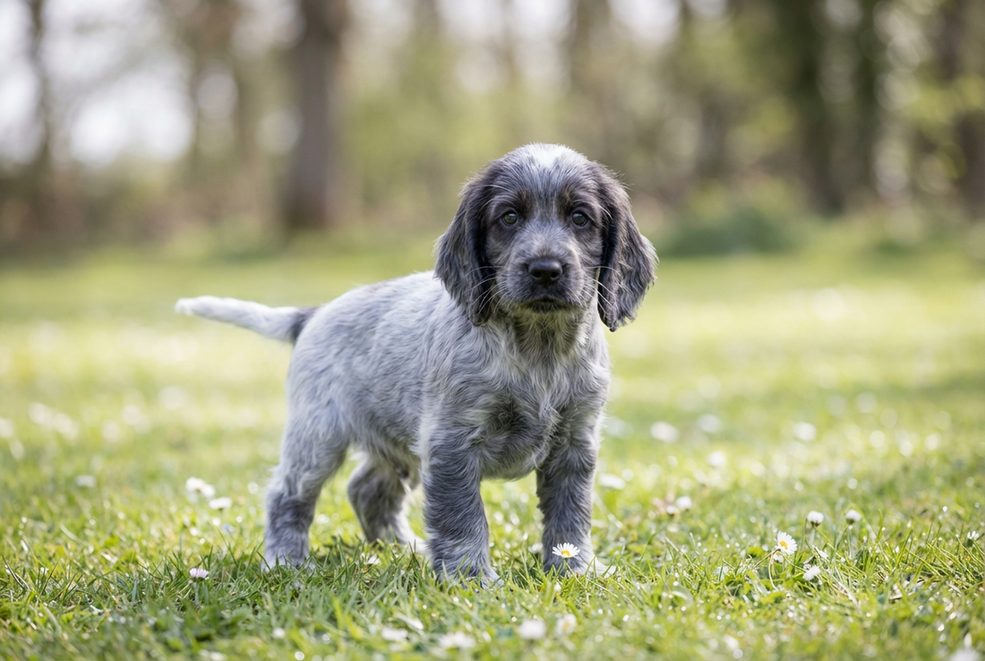 Eight-week-old English Cocker Spaniel puppy with soft blue roan puppy coat