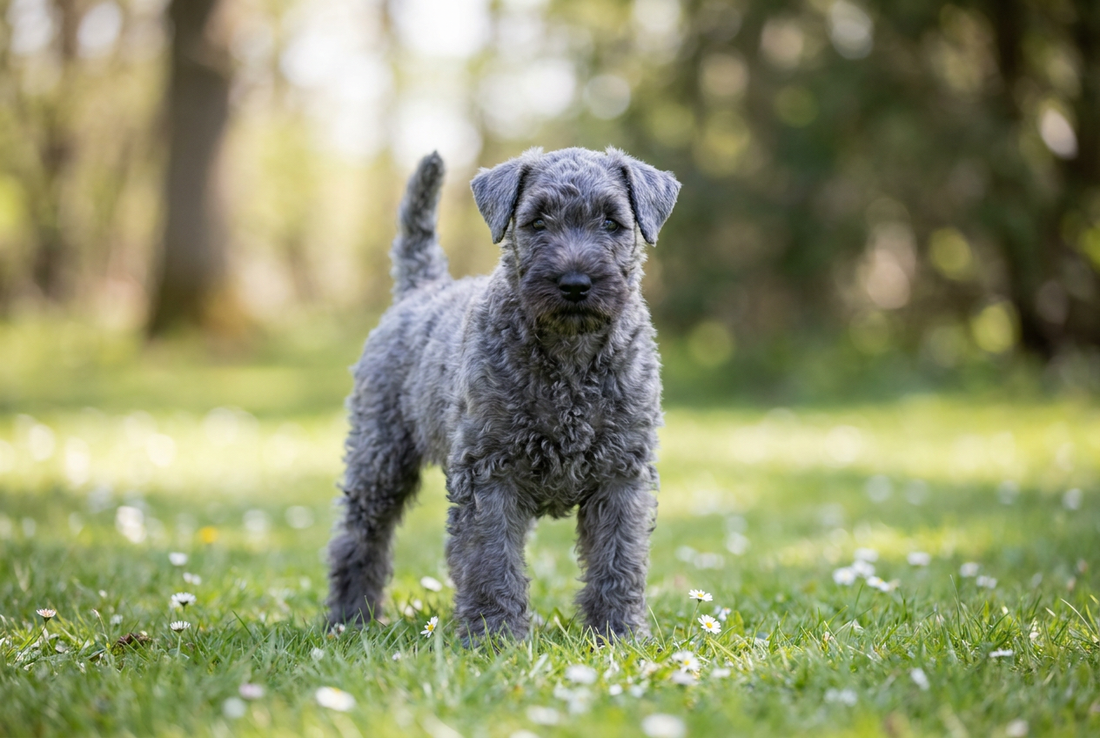 Eight-week-old Kerry Blue Terrier puppy with soft blue-gray puppy coat (born black, clears to blue over months)