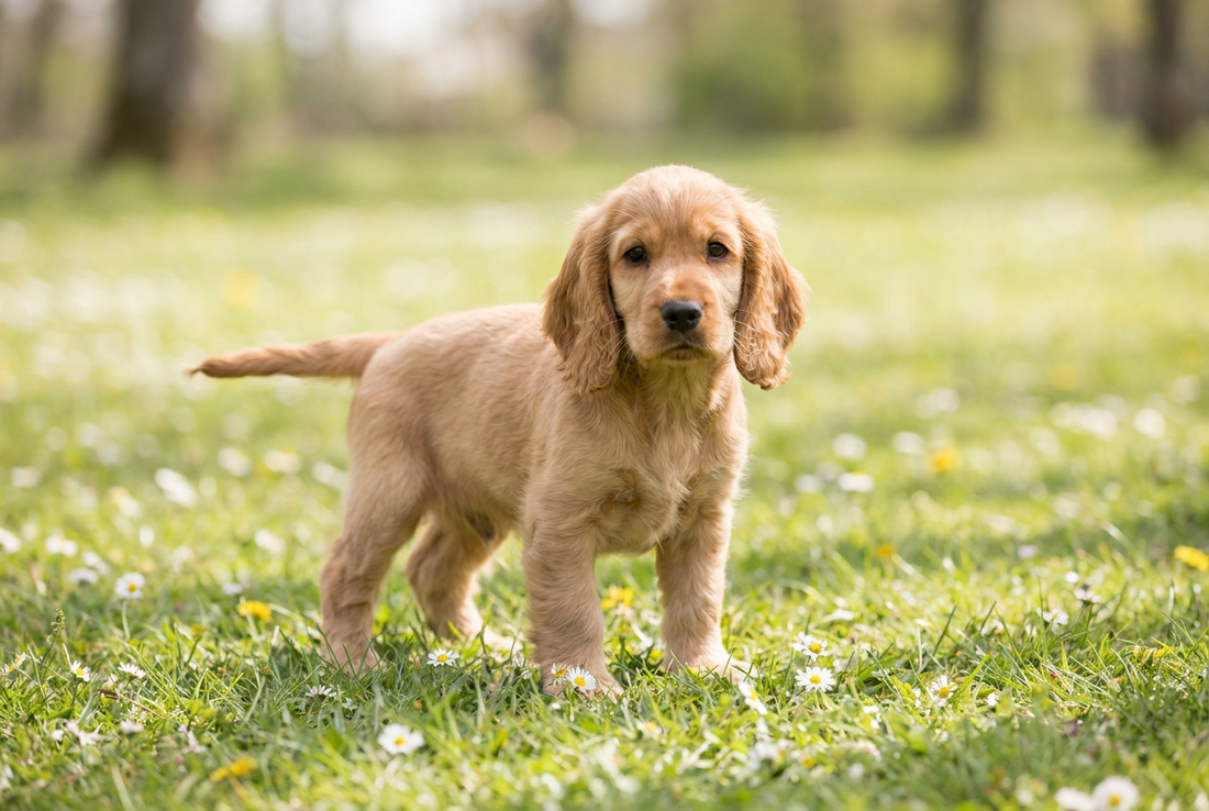Eight-week-old Cocker Spaniel puppy with soft golden puppy coat with long ears