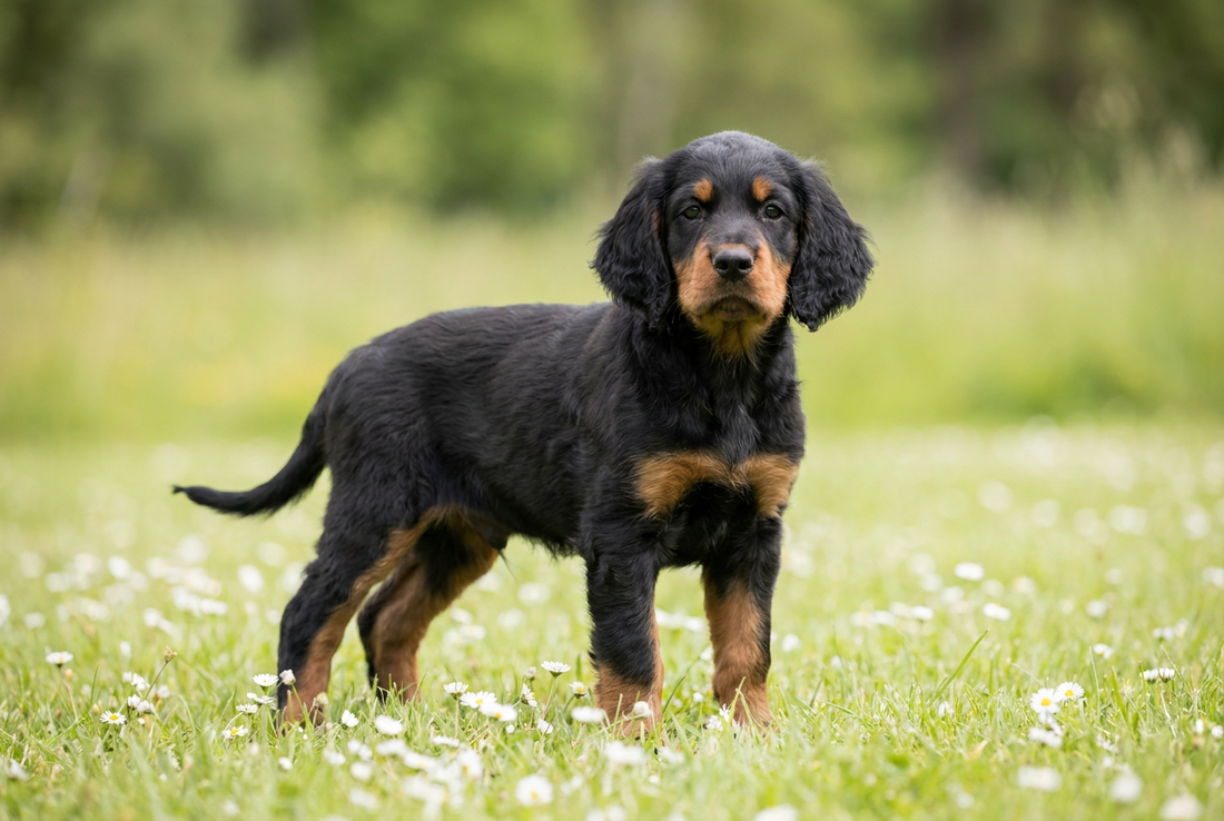 Eight-week-old Gordon Setter puppy with soft black-and-tan puppy coat