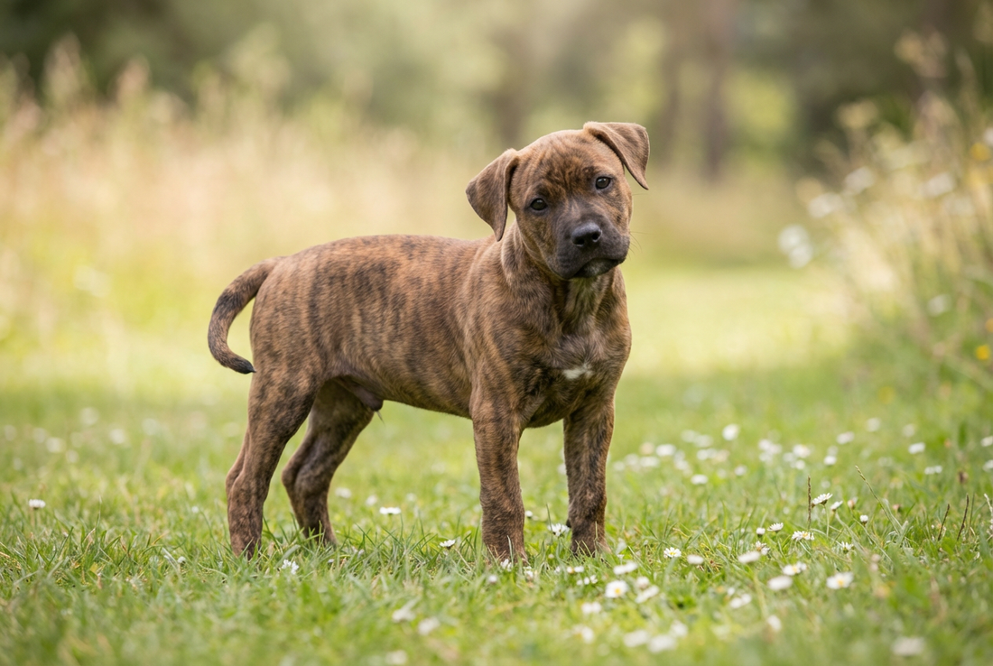 Eight-week-old American Staffordshire Terrier puppy with smooth short brindle puppy coat