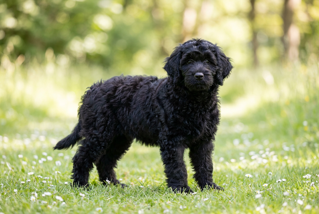 Eight-week-old Portuguese Water Dog puppy with soft black curly puppy coat