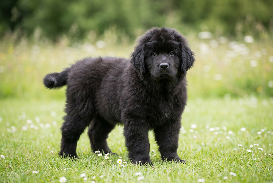 Eight-week-old Newfoundland puppy with fluffy black puppy double coat