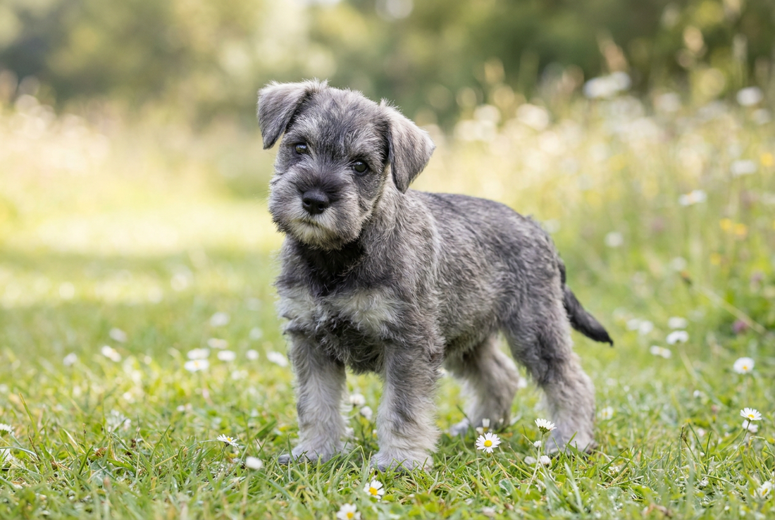 Eight-week-old Miniature Schnauzer puppy with soft salt-and-pepper puppy coat (before the wiry adult coat develops)