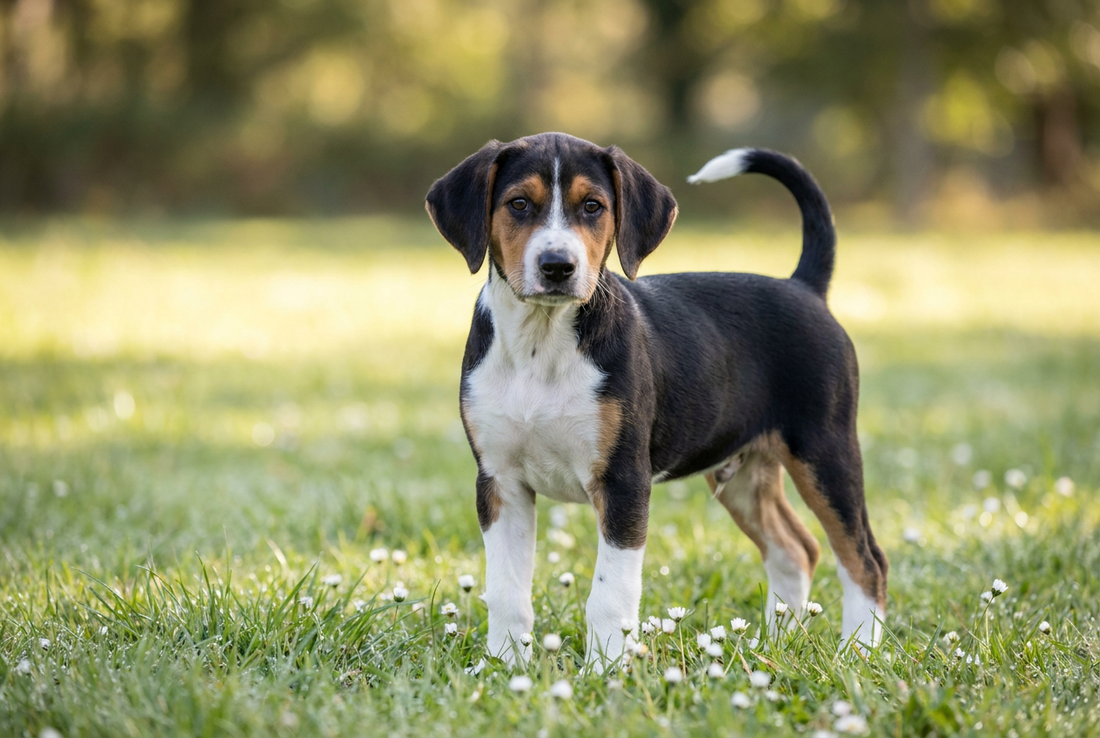 Eight-week-old Harrier puppy with smooth tricolor puppy coat