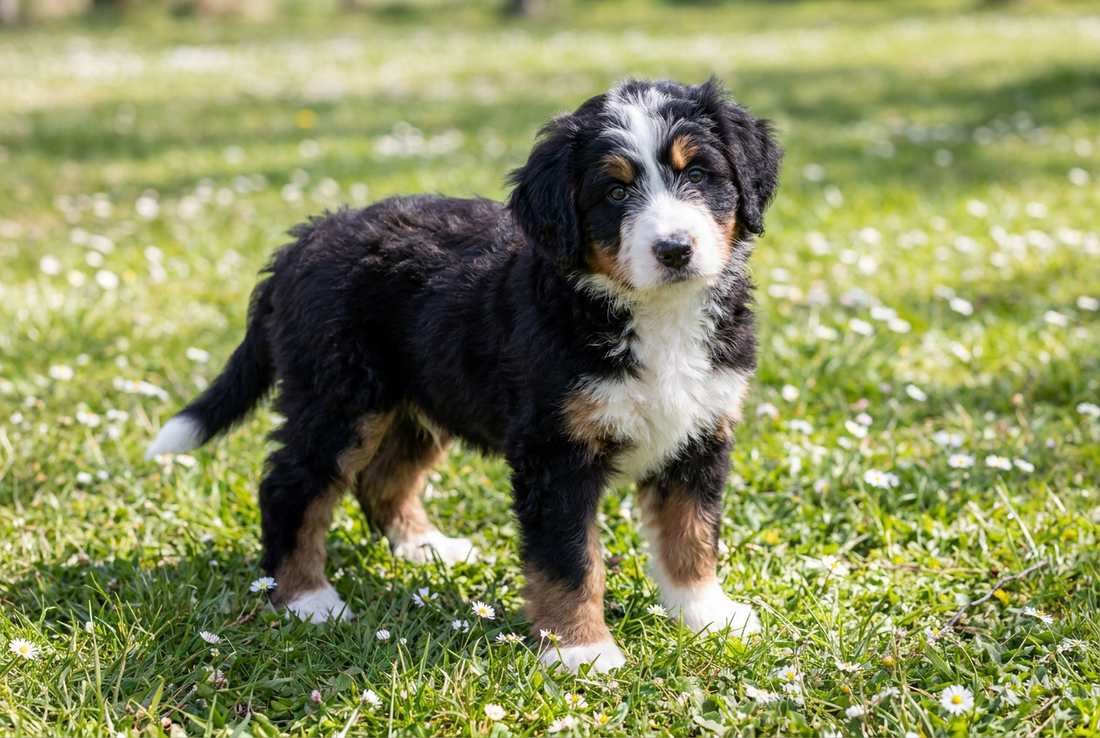 Eight-week-old Bernedoodle puppy with soft fluffy tri-color puppy coat (black, white, rust)