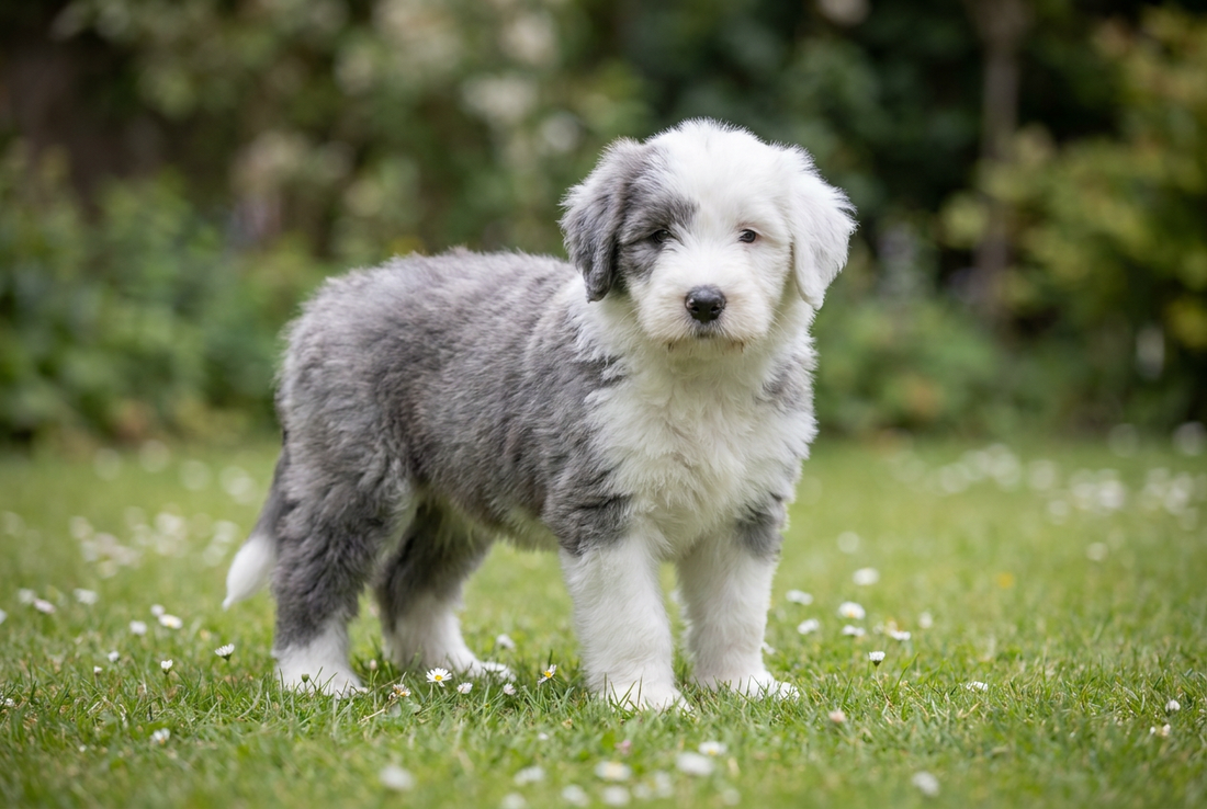 Eight-week-old Old English Sheepdog puppy with fluffy gray-and-white puppy coat