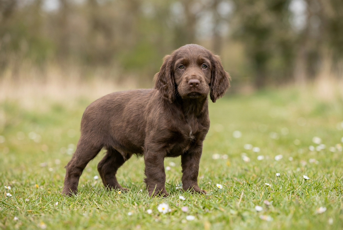 Eight-week-old Field Spaniel puppy with soft liver-brown puppy coat