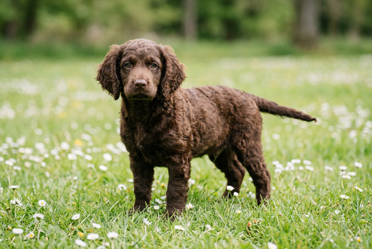 Eight-week-old American Water Spaniel puppy with soft curly liver-brown puppy coat