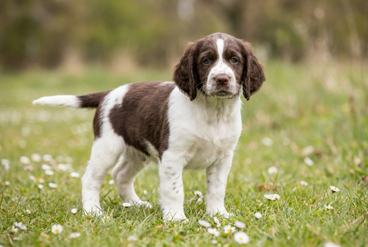 Eight-week-old English Springer Spaniel puppy with soft liver-and-white puppy coat