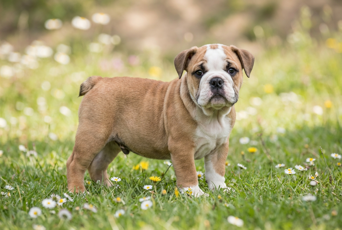 Eight-week-old Bulldog puppy with smooth wrinkled fawn-and-white puppy coat