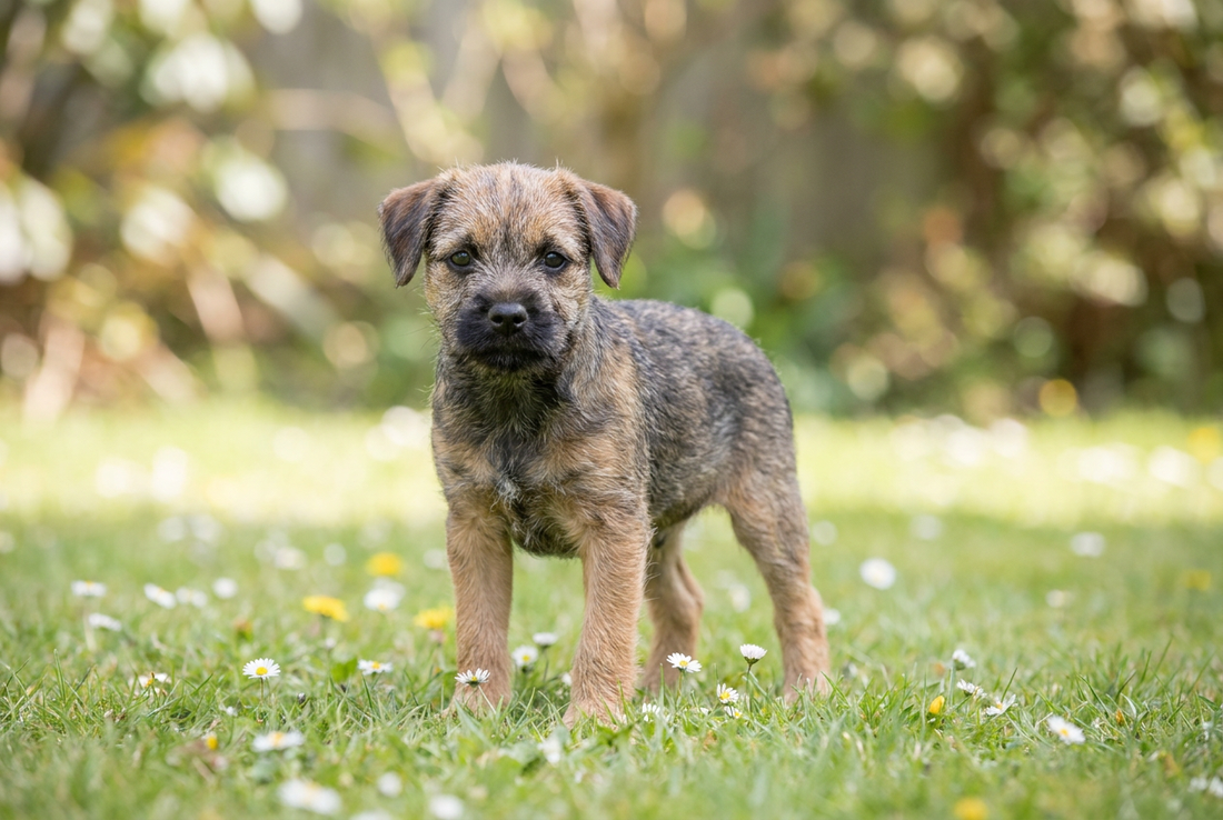 Eight-week-old Border Terrier puppy with soft grizzle-and-tan puppy coat