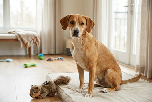Friendly mixed-breed dog waiting in a bright adoption center — one side of the adopt-or-buy decision