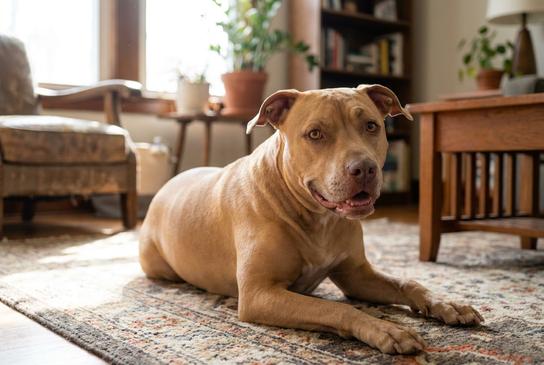 Adult American Pit Bull Terrier relaxing on a living room rug