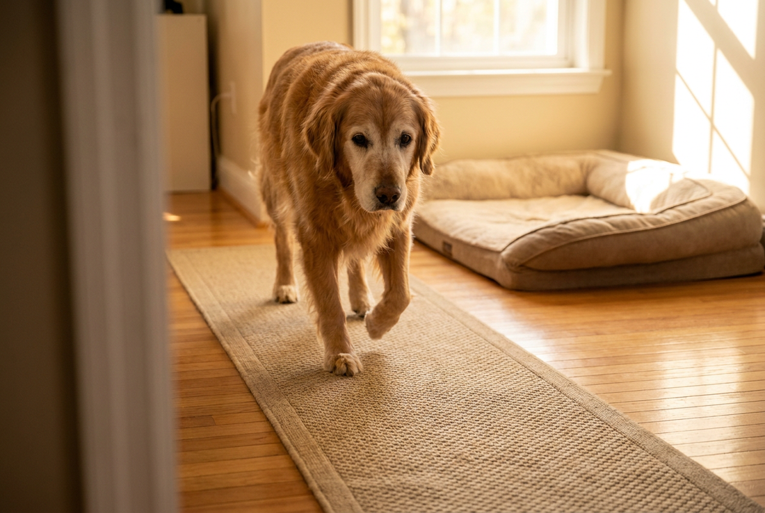 Older Golden Retriever walking on a non-slip runner over a hardwood floor — simple home changes that help dogs with arthritis