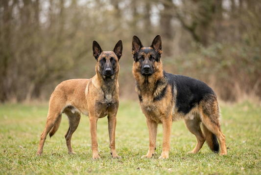 Belgian Malinois and German Shepherd side by side, elite working breeds compared