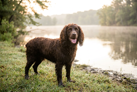 Chocolate-brown Boykin Spaniel at the edge of a lake