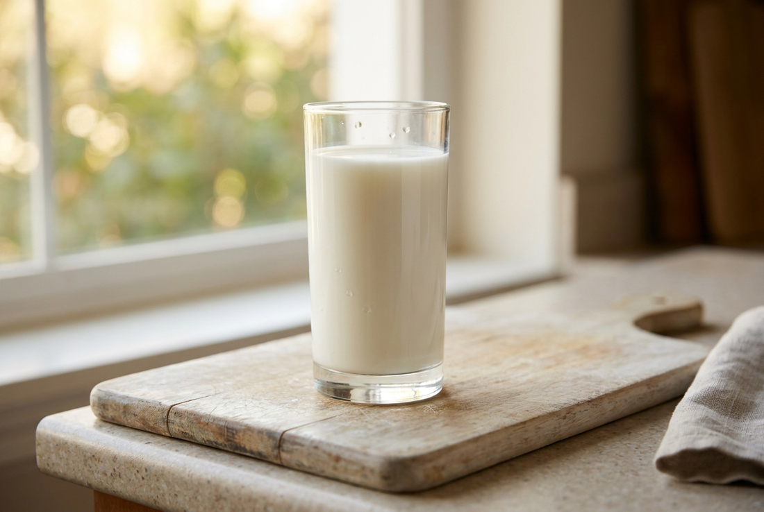 A glass of milk on a wooden board in natural daylight — many dogs are lactose intolerant