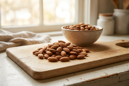 Whole almonds on a wooden board in natural daylight — not recommended for dogs — choking and digestive risk