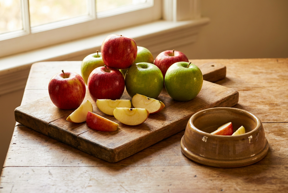 Fresh red and green apples on a wooden cutting board beside a small ceramic dog bowl — apples are safe for dogs once seeds and core are removed
