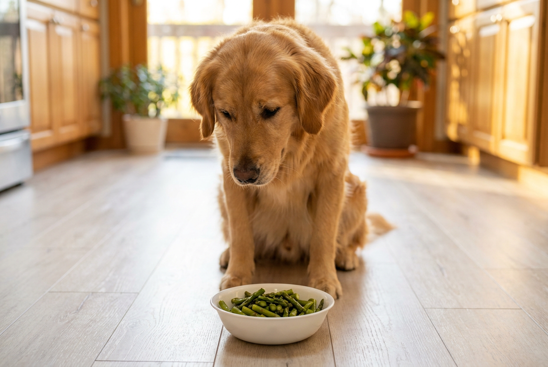 Golden Retriever next to a bowl of cooked asparagus in a sunlit kitchen — safe cooked plain and cut small