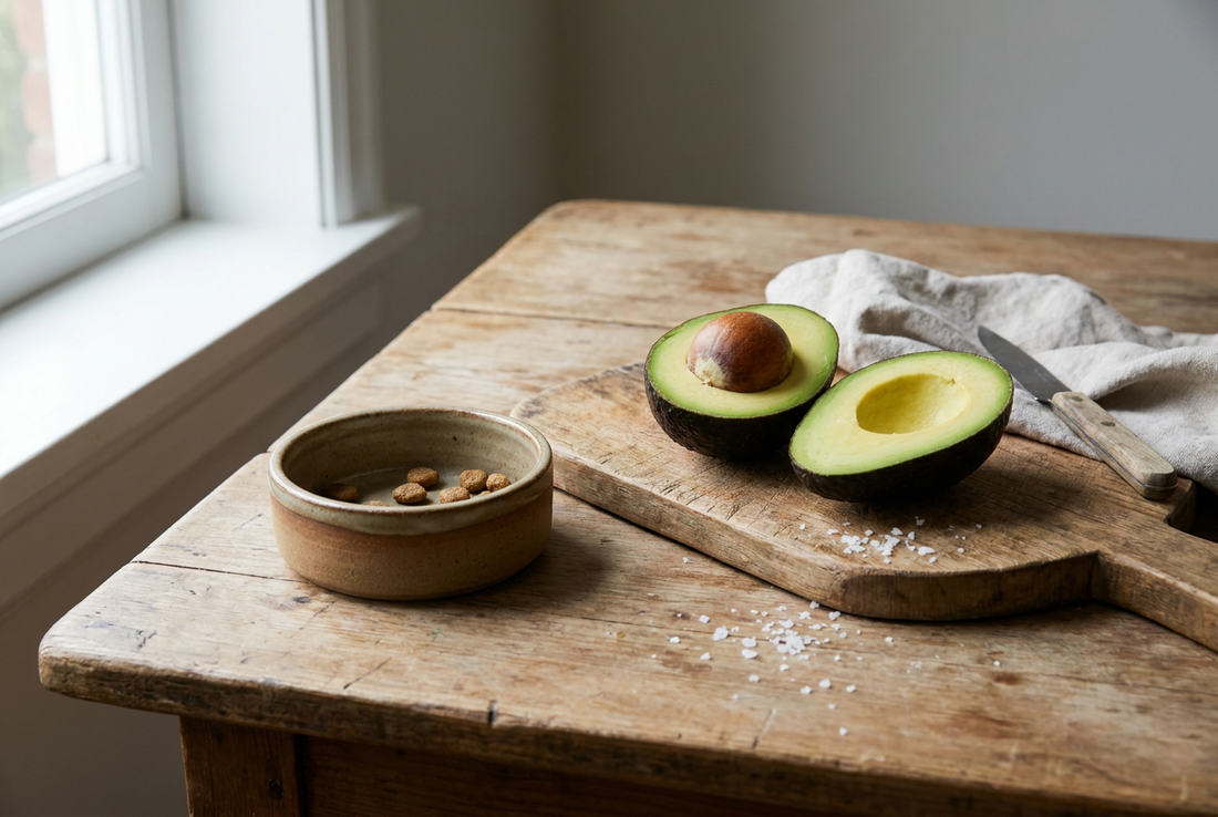 A halved ripe avocado showing the pit on a wooden cutting board beside a small ceramic dog bowl — avocado is not recommended for dogs because of the pit and high fat content