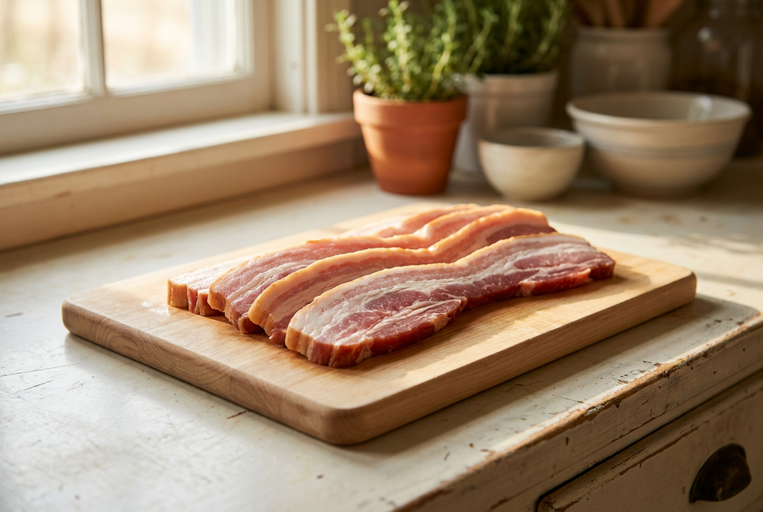 Strips of bacon on a wooden board in natural daylight — bacon is too high in fat and salt for dogs