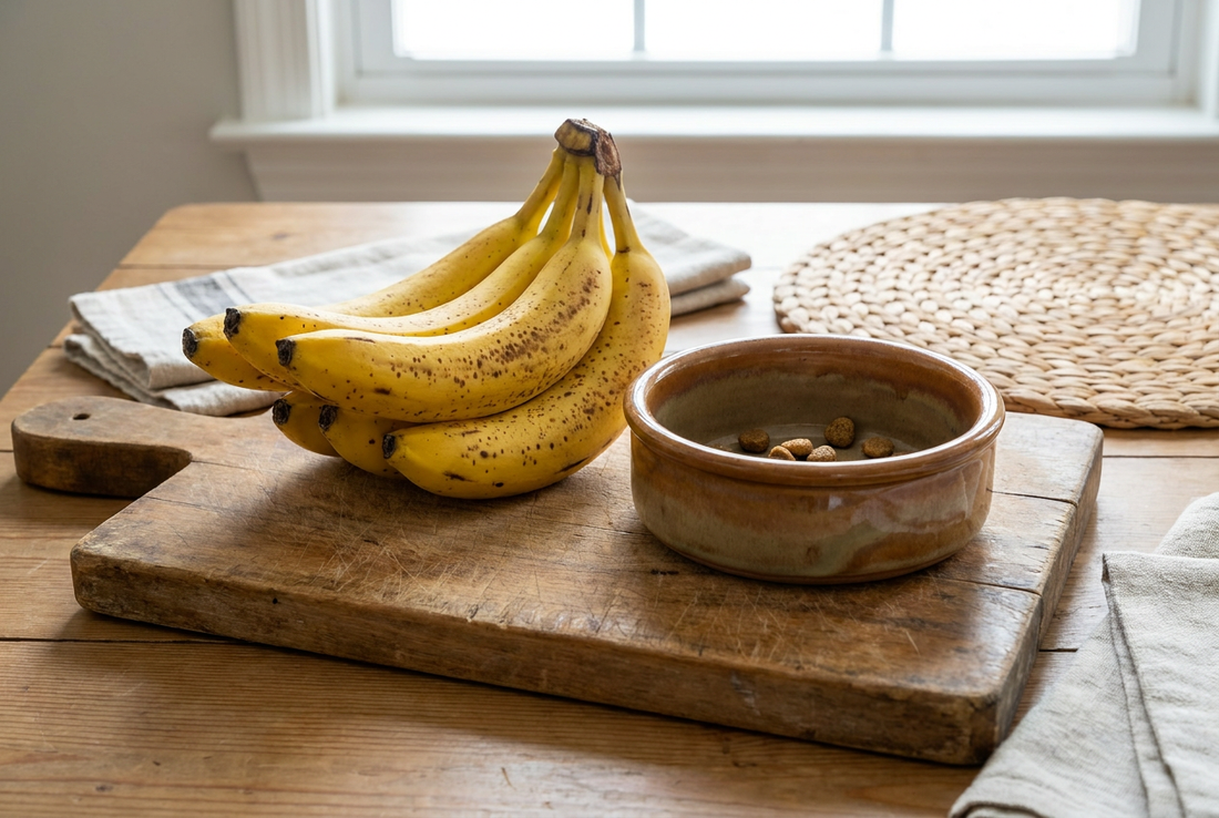 A bunch of fresh yellow bananas beside a small ceramic dog bowl on a wooden kitchen counter — bananas are safe and nutritious for dogs in moderation