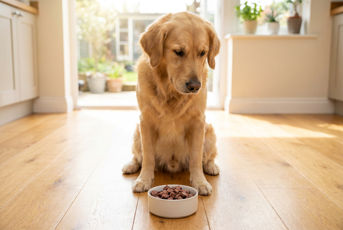 Golden Retriever next to a bowl of cooked lean beef in a sunlit kitchen — a highly digestible protein for dogs