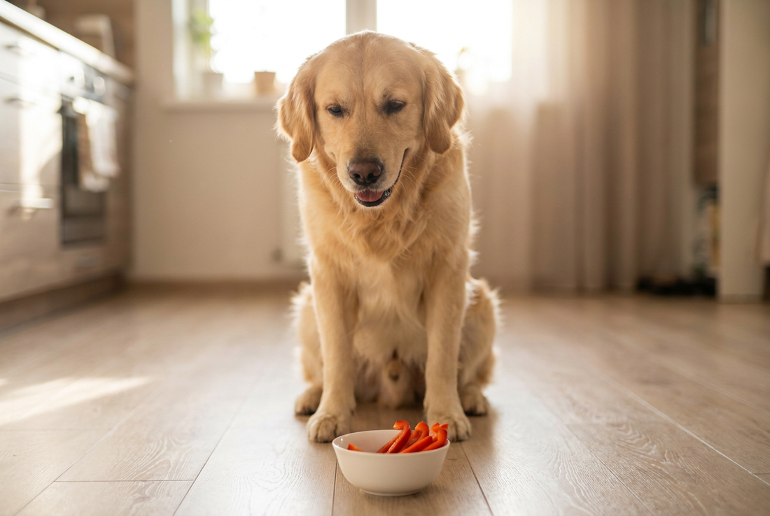 Golden Retriever next to a bowl of red bell pepper slices in a sunlit kitchen — a vitamin-rich crunchy treat, seeds removed