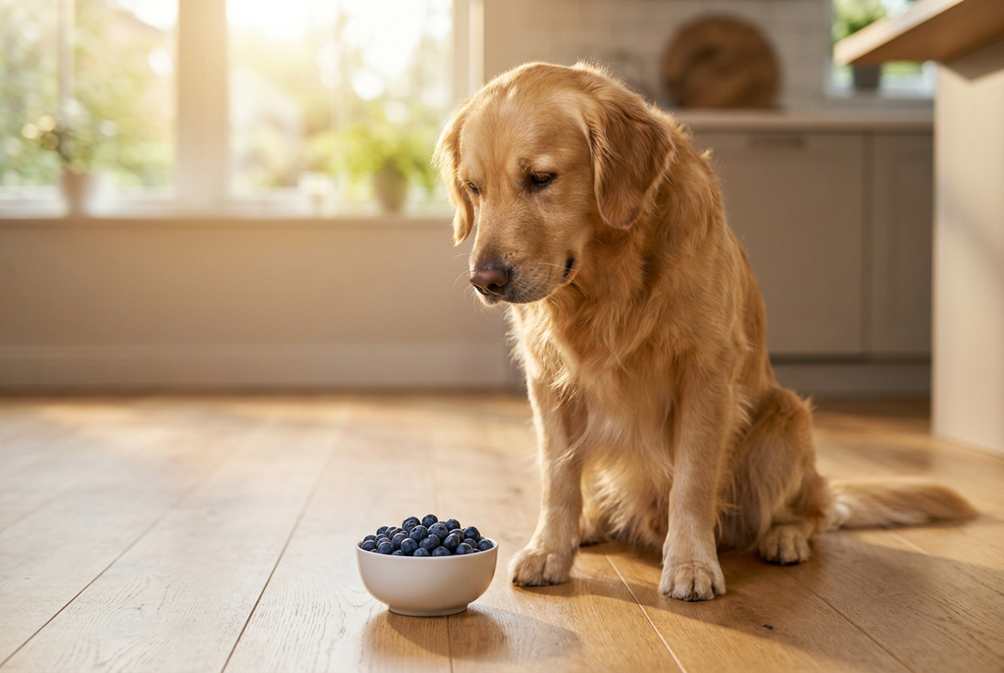 Golden Retriever next to a bowl of blueberries in a sunlit kitchen — an antioxidant-rich low-calorie treat for dogs