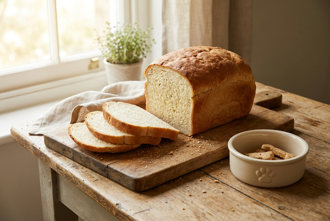 Plain sliced baked white bread on a wooden cutting board beside a small ceramic dog bowl — plain baked bread is safe for dogs in small amounts