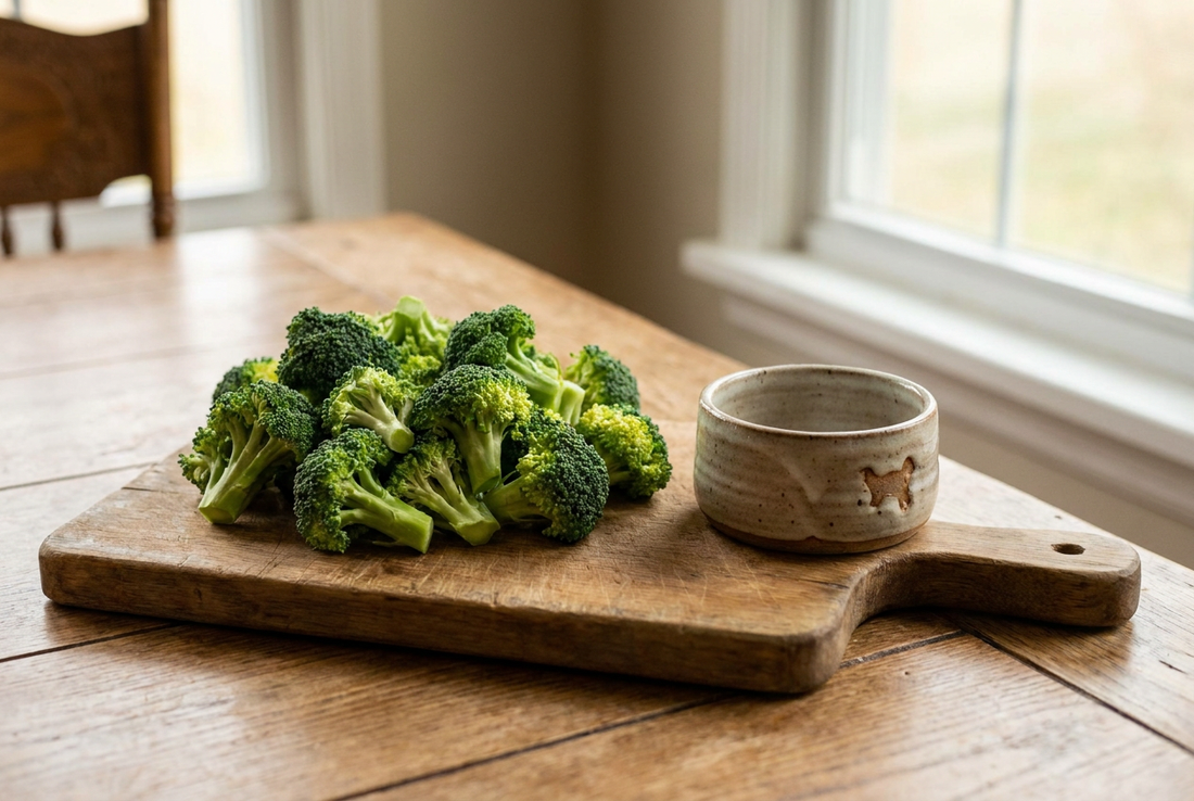 Fresh green broccoli florets on a wooden cutting board beside a small ceramic dog bowl — broccoli is safe for dogs in small amounts