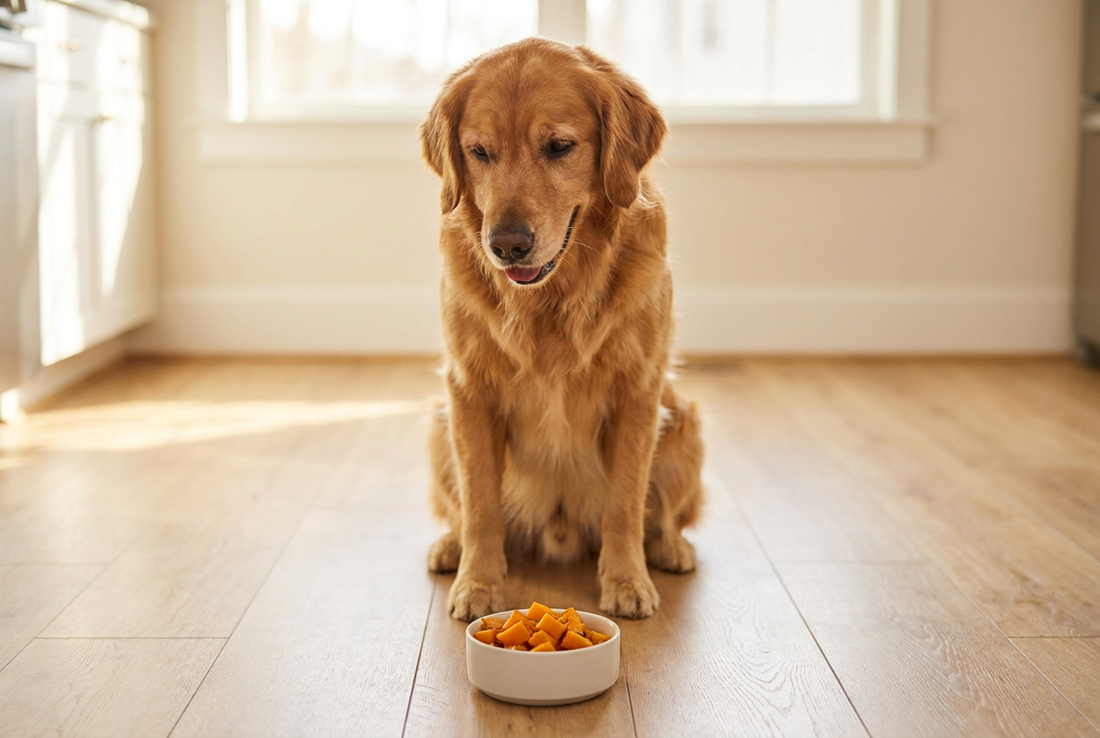 Golden Retriever next to a bowl of cooked butternut squash in a sunlit kitchen — a fiber and vitamin A source safe for dogs in moderation