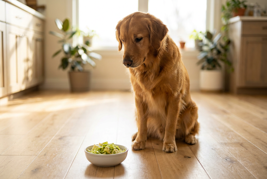 Golden Retriever next to a bowl of cooked cabbage in a sunlit kitchen — safe cooked and plain in moderation